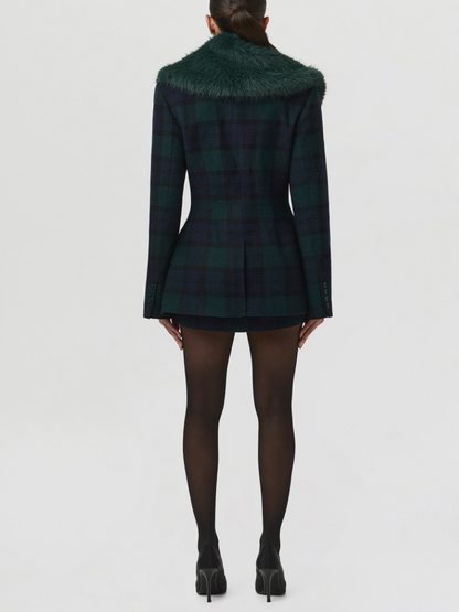 Contrast Check Removable Faux Fur Collar Coat