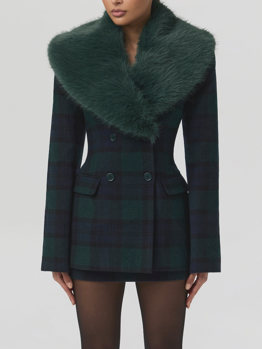 Contrast Check Removable Faux Fur Collar Coat