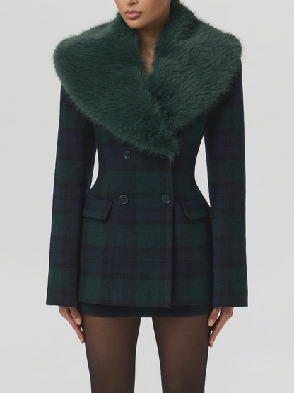 Contrast Check Removable Faux Fur Collar Coat