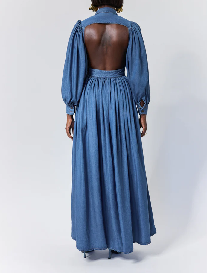 Denim Button-Front Backless Dress