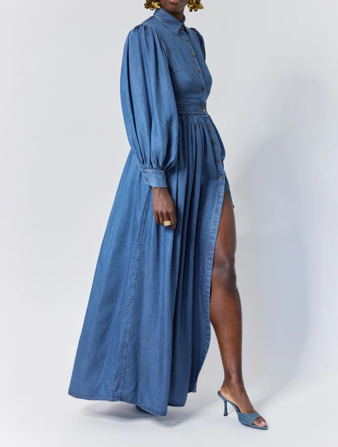 Denim Button-Front Backless Dress