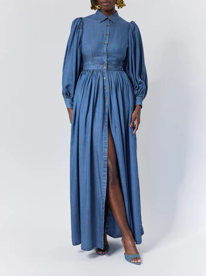 Denim Button-Front Backless Dress