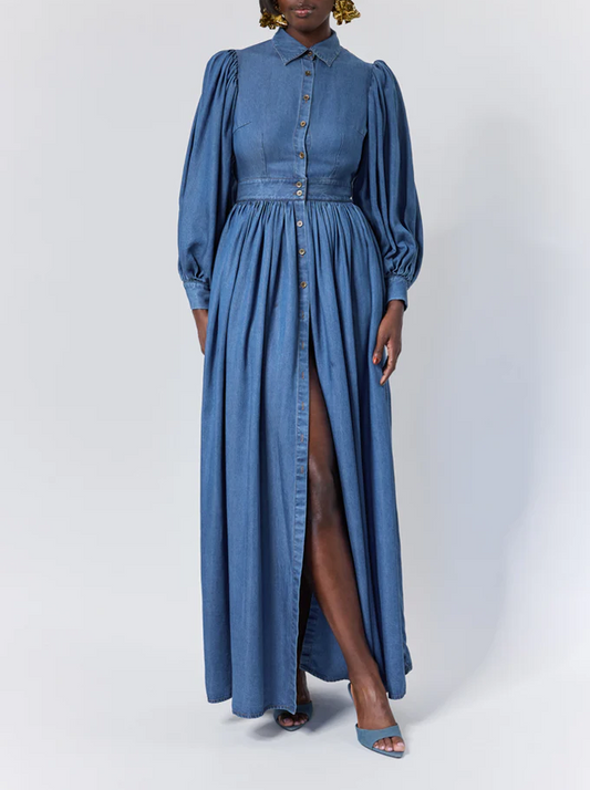 Denim Button-Front Backless Dress