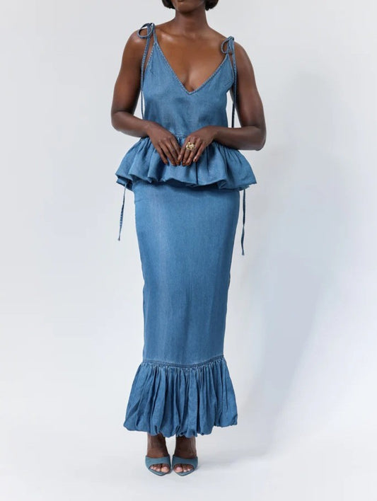 Tie Shoulder Bubble Hem Top + Ruffled Dress