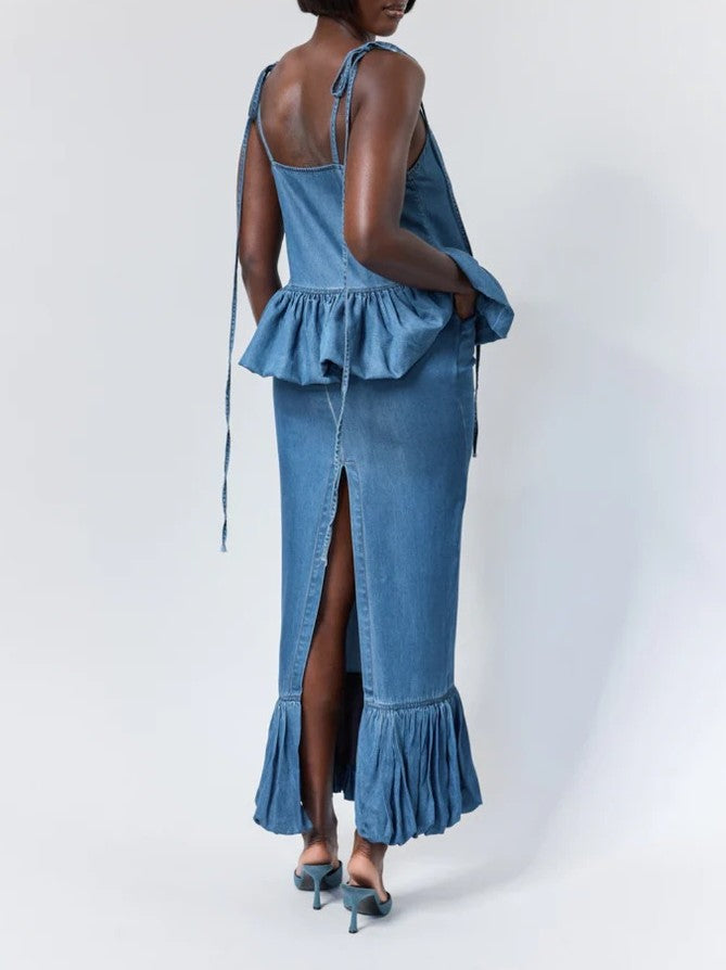 Tie Shoulder Bubble Hem Top + Ruffled Dress