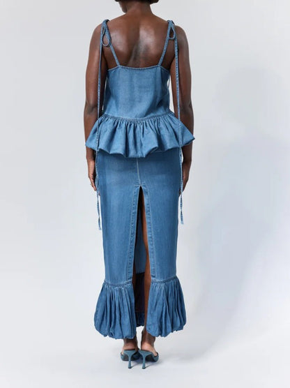 Tie Shoulder Bubble Hem Top + Ruffled Dress