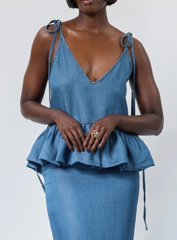 Tie Shoulder Bubble Hem Top + Ruffled Dress