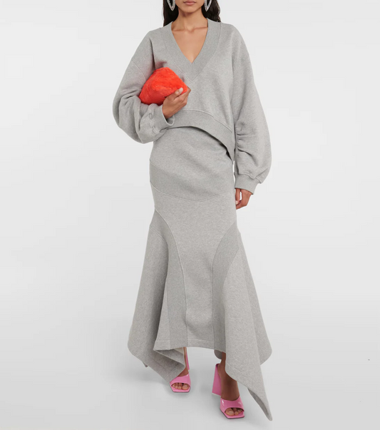 Solid Color V-Neck Top Hip Skirt Set