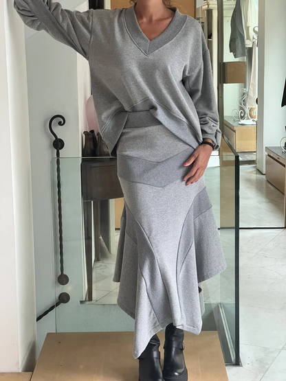 Solid Color V-Neck Top Hip Skirt Set