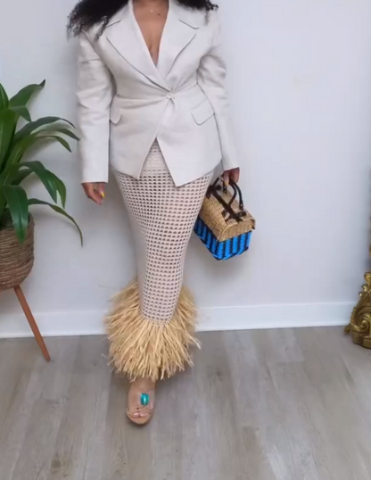 Straw-woven tassel knit bodycon dress