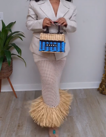 Straw-woven tassel knit bodycon dress