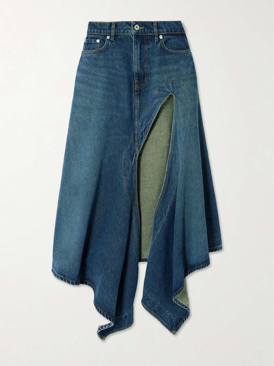 Evergreen cutout organic denim midi skirt