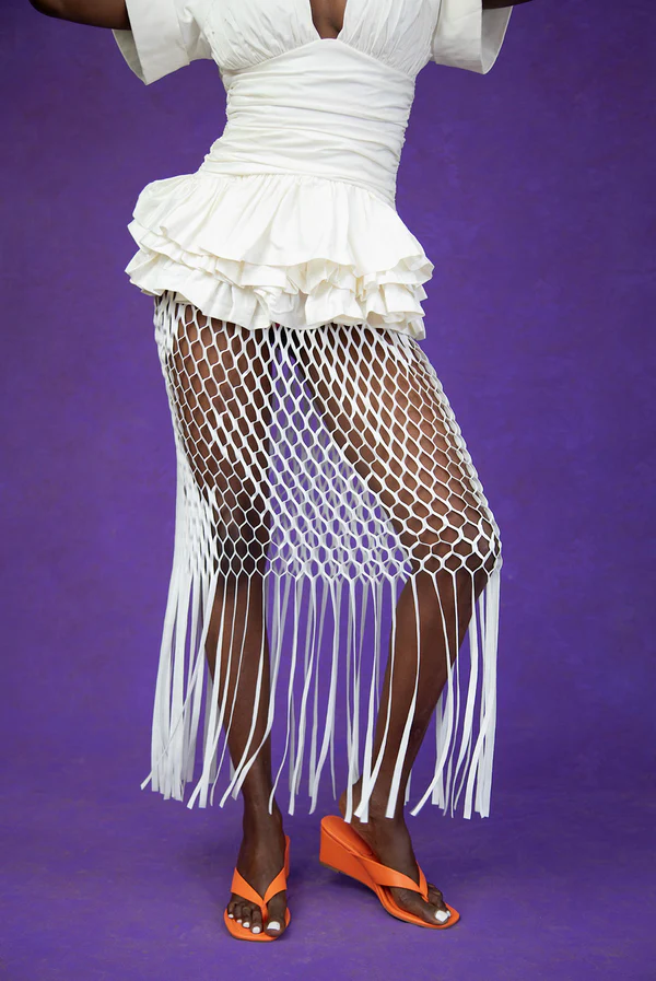 Plunge Ruched Layered Ruffle Cotton Top+Faux Suede Cut Skirt