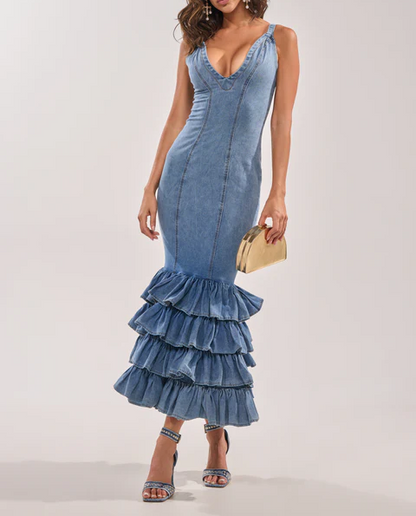 DENIM RUFFLE MAXI DRESS