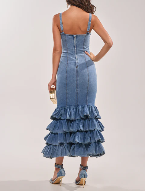 DENIM RUFFLE MAXI DRESS