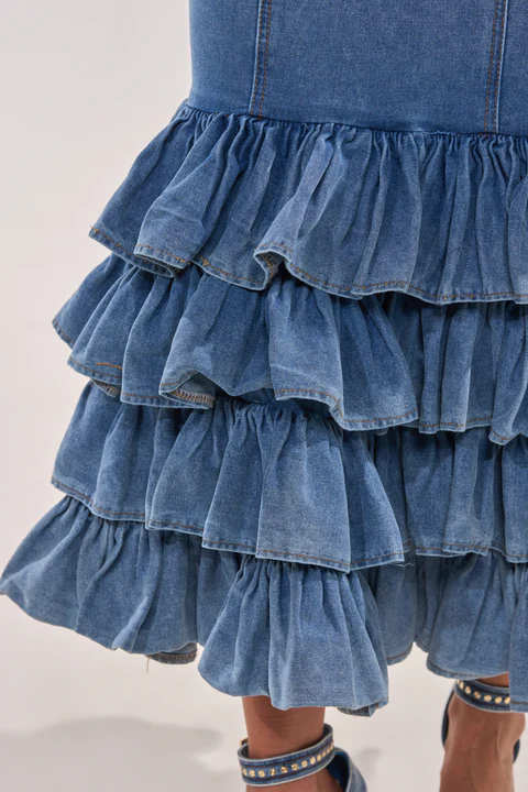 DENIM RUFFLE MAXI DRESS