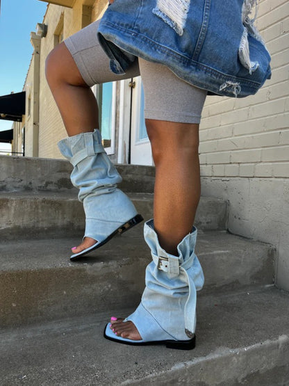 Buckled Long Denim Sandal