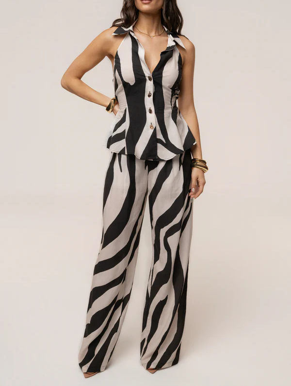 Zebra-Print Sleeveless Top + Flow Trousers