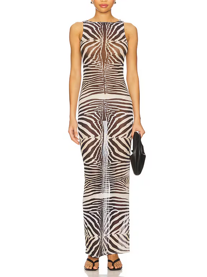 Zebra-Print Sleeveless Maxi Dress