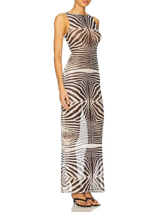 Zebra-Print Sleeveless Maxi Dress