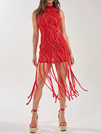 BRAIDED MINI DRESS IN RED