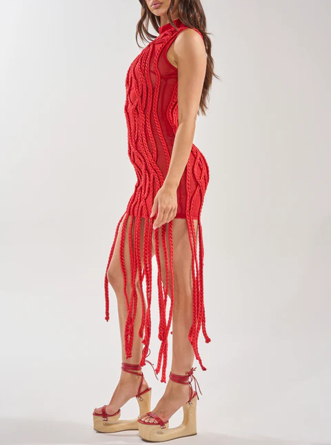 BRAIDED MINI DRESS IN RED