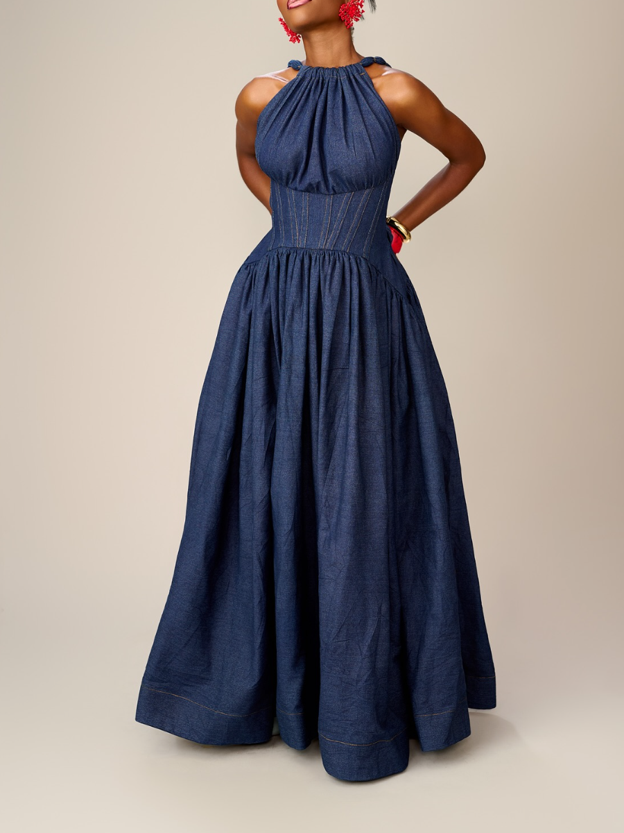 Waist-cinched strappy denim dress