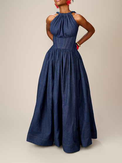 Waist-cinched strappy denim dress