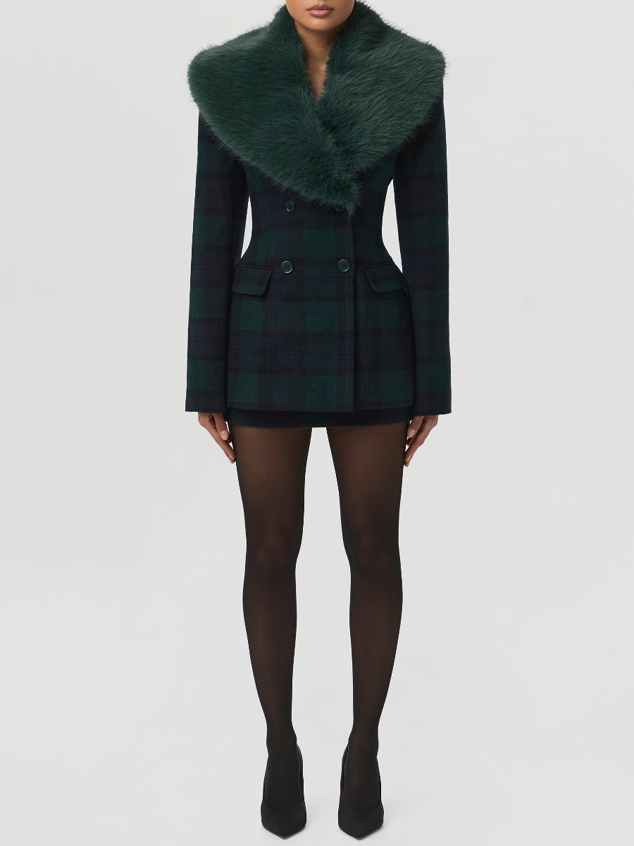 Contrast Check Removable Faux Fur Collar Coat