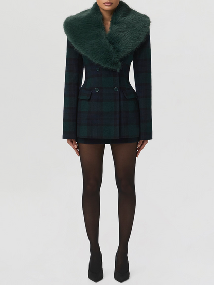 Contrast Check Removable Faux Fur Collar Coat