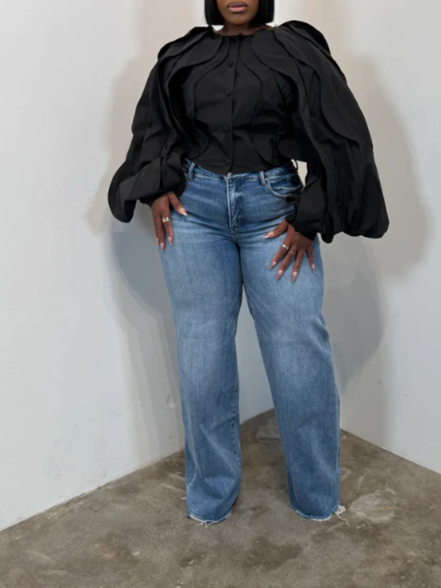 Wavy Oversize Wide Sleeve Ruffled Waist Top