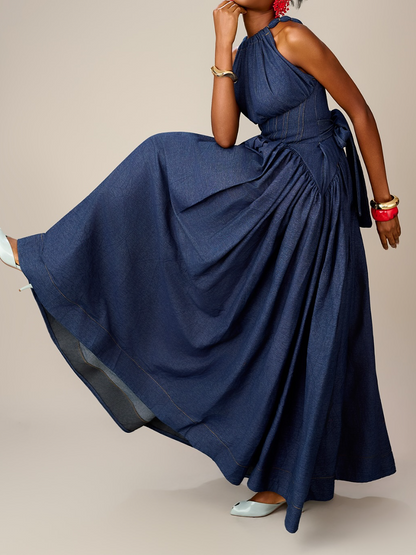Waist-cinched strappy denim dress