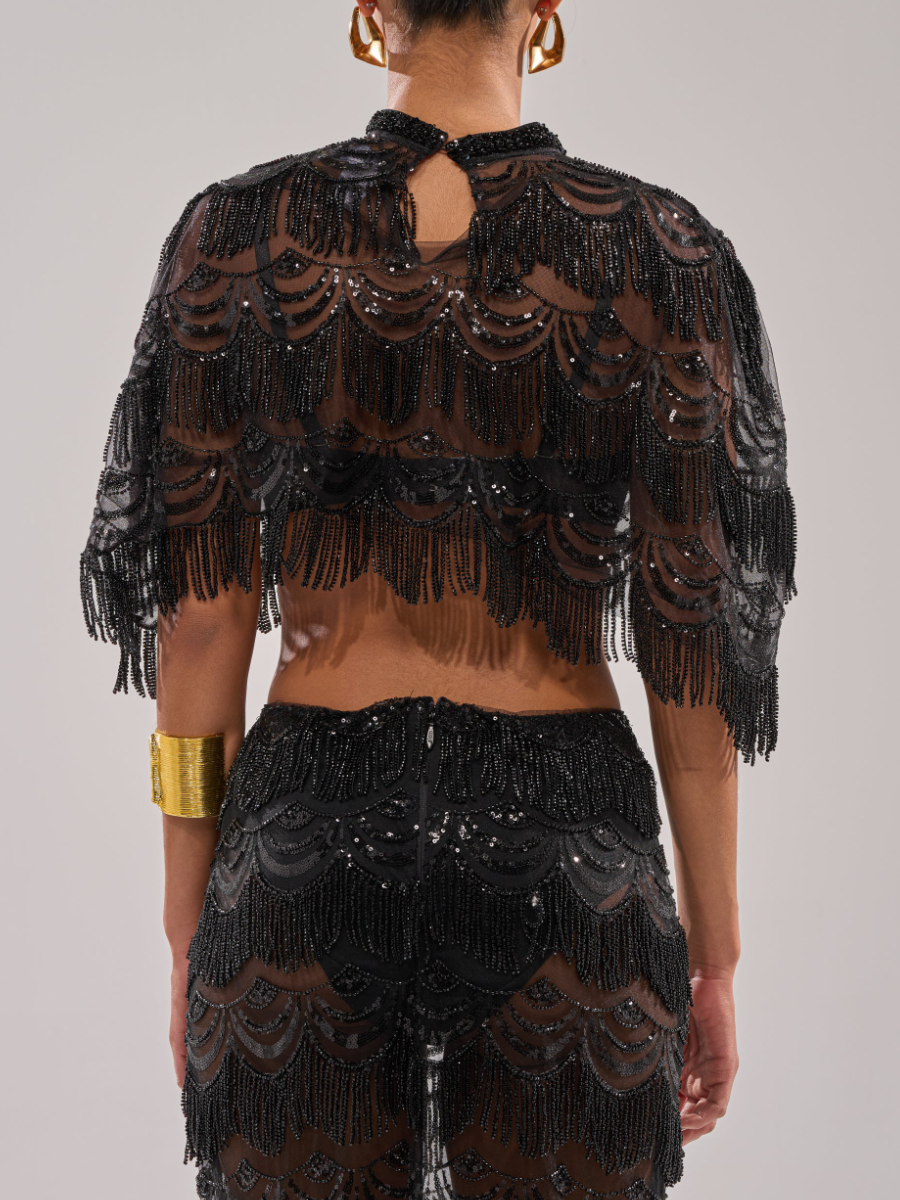 See-through Mesh Stitching Bead And Laminated Tassel Skirt Set