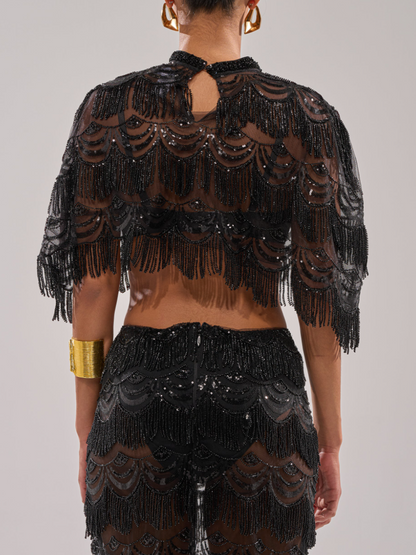 See-through Mesh Stitching Bead And Laminated Tassel Skirt Set