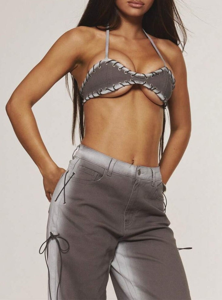Contrast Washed Eyelet Denim Bralet Set