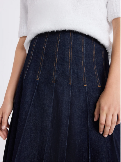 Pleated Denim Maxi Skirt