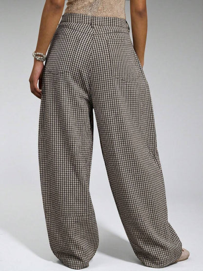 Gray Low Rise Baggy Barrell Fit Check Trousers