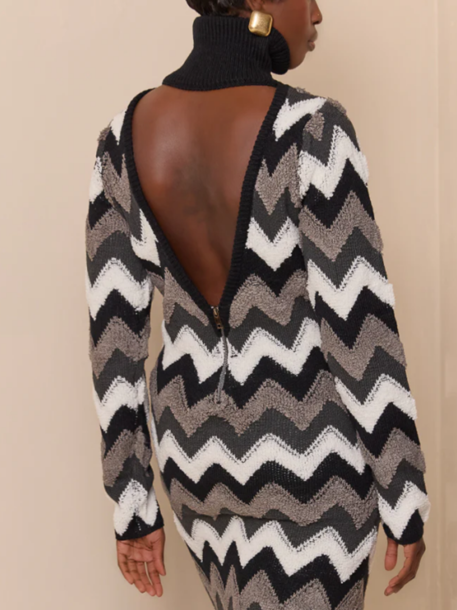 High-Neck Knit Backless Dress