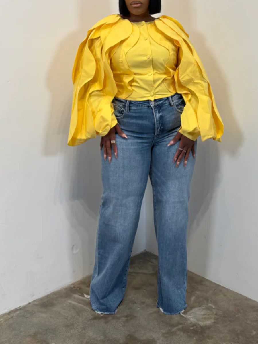 Wavy Oversize Wide Sleeve Ruffled Waist Top