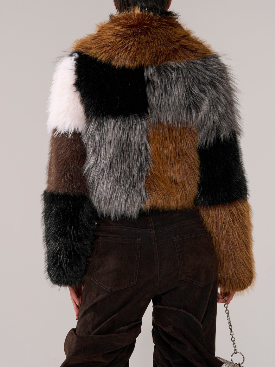 Multicolor Patchwork Design Faux Fur Coat