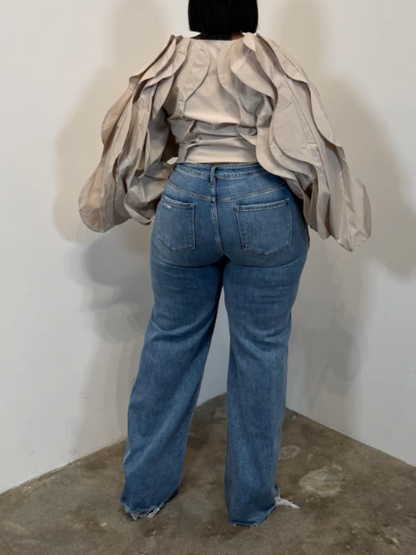Wavy Oversize Wide Sleeve Ruffled Waist Top