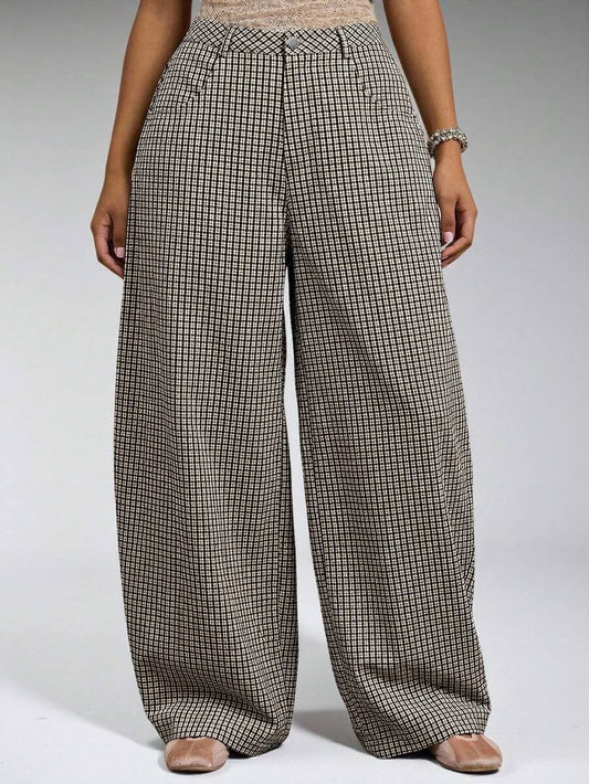 Gray Low Rise Baggy Barrell Fit Check Trousers