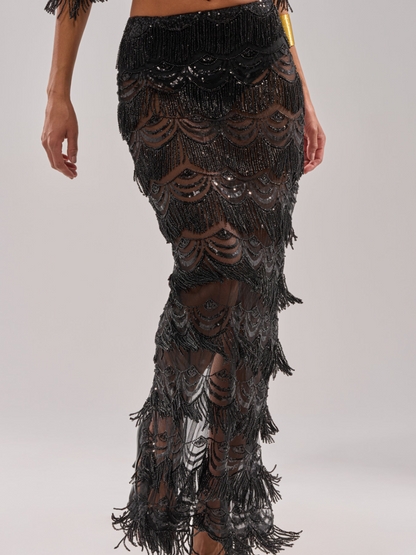 See-through Mesh Stitching Bead And Laminated Tassel Skirt Set