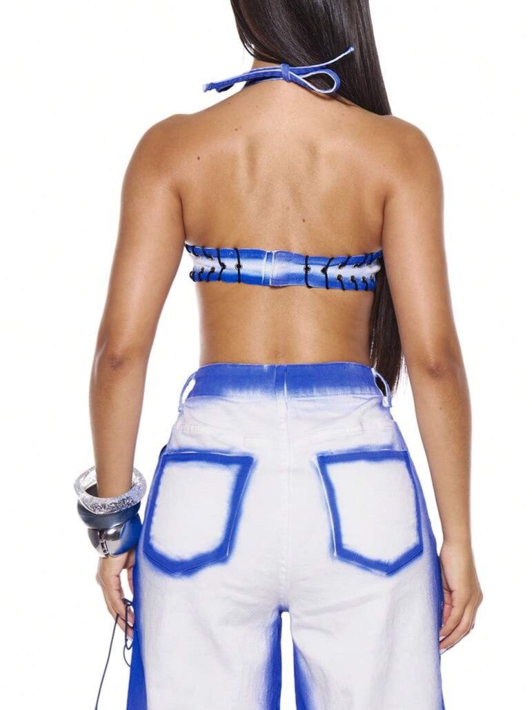 Contrast Washed Eyelet Denim Bralet Set