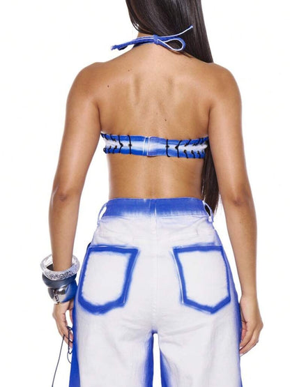 Contrast Washed Eyelet Denim Bralet Set