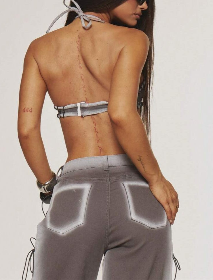 Contrast Washed Eyelet Denim Bralet Set