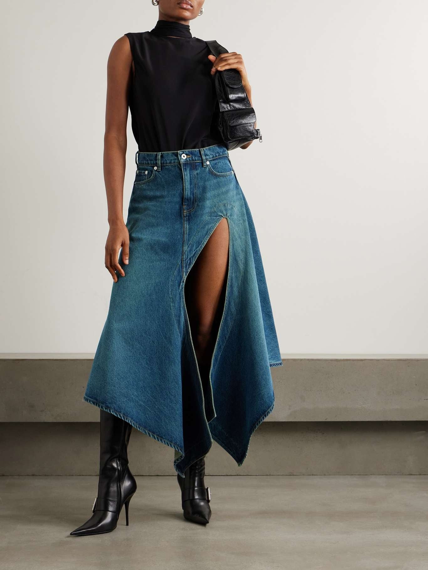 Evergreen cutout organic denim midi skirt