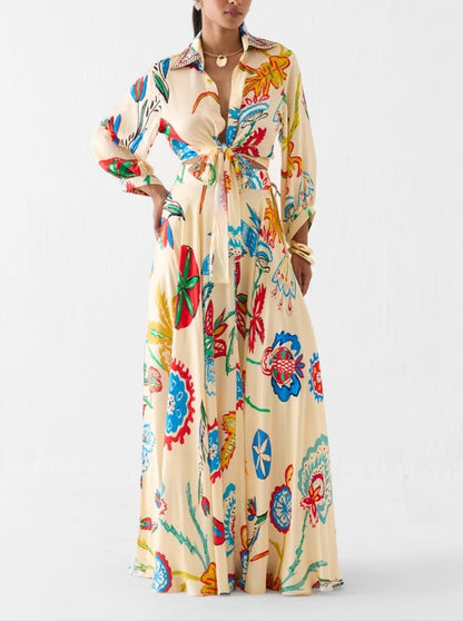 Cream floral hand block printed maxi skirt set