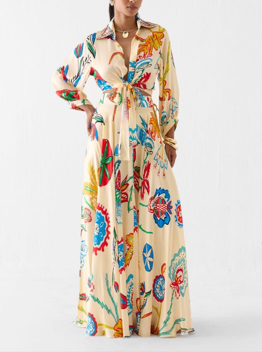 Cream floral hand block printed maxi skirt set