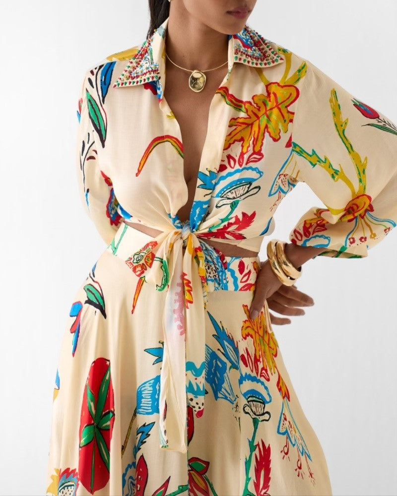 Cream floral hand block printed maxi skirt set